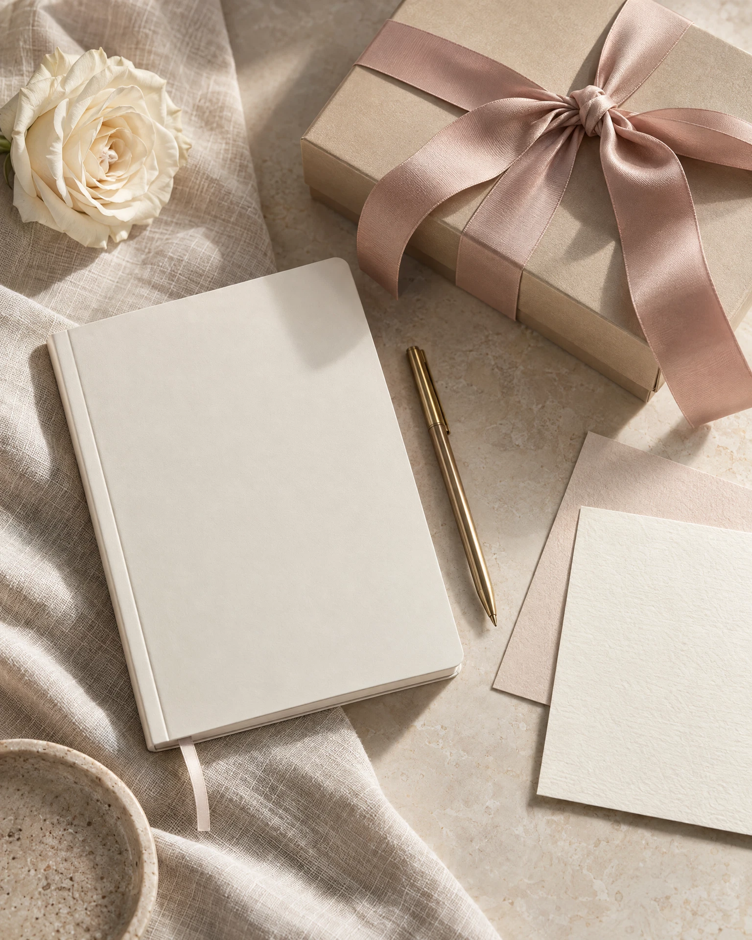 Editorial still life of ivory stationery, a champagne gift box, blush ribbon and a brass pen.