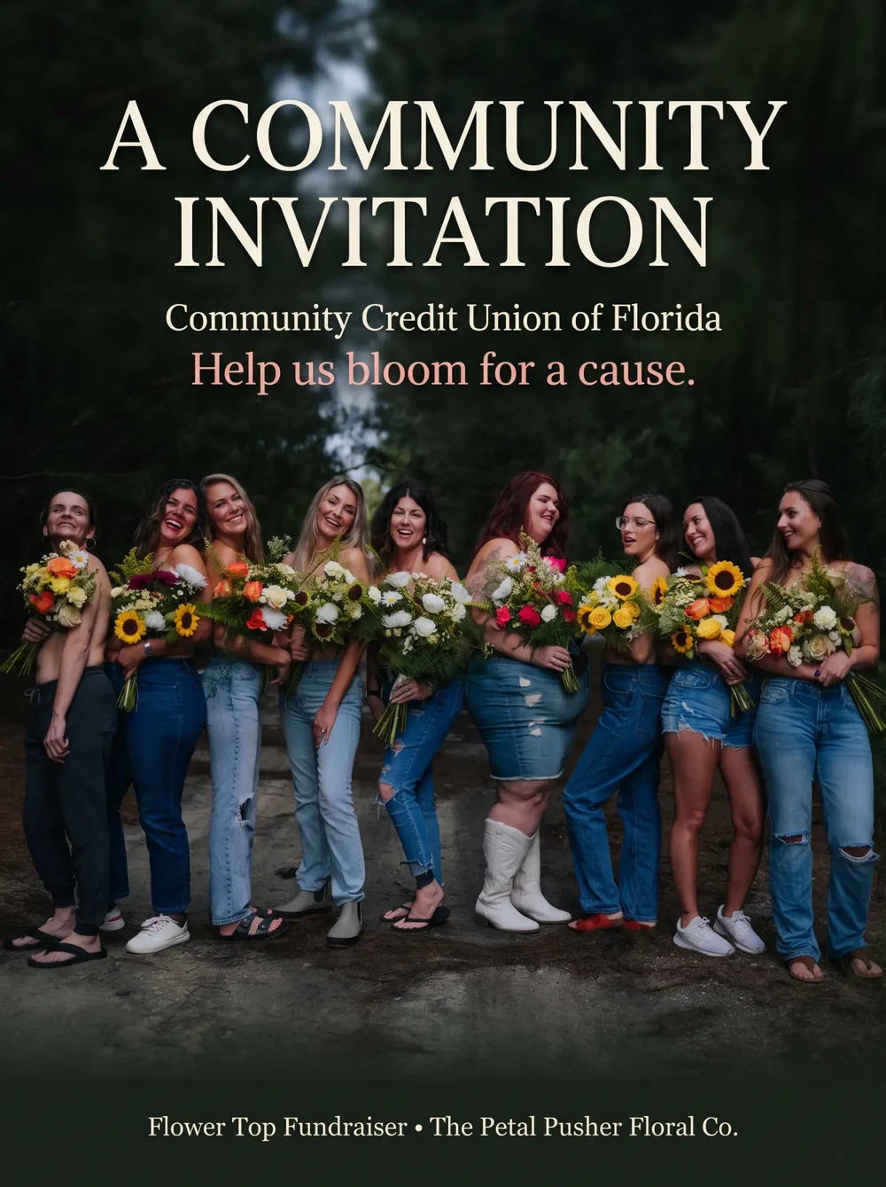 A Community Invitation design for The Petal Pusher Co.’s Flower Top Fundraiser outreach.