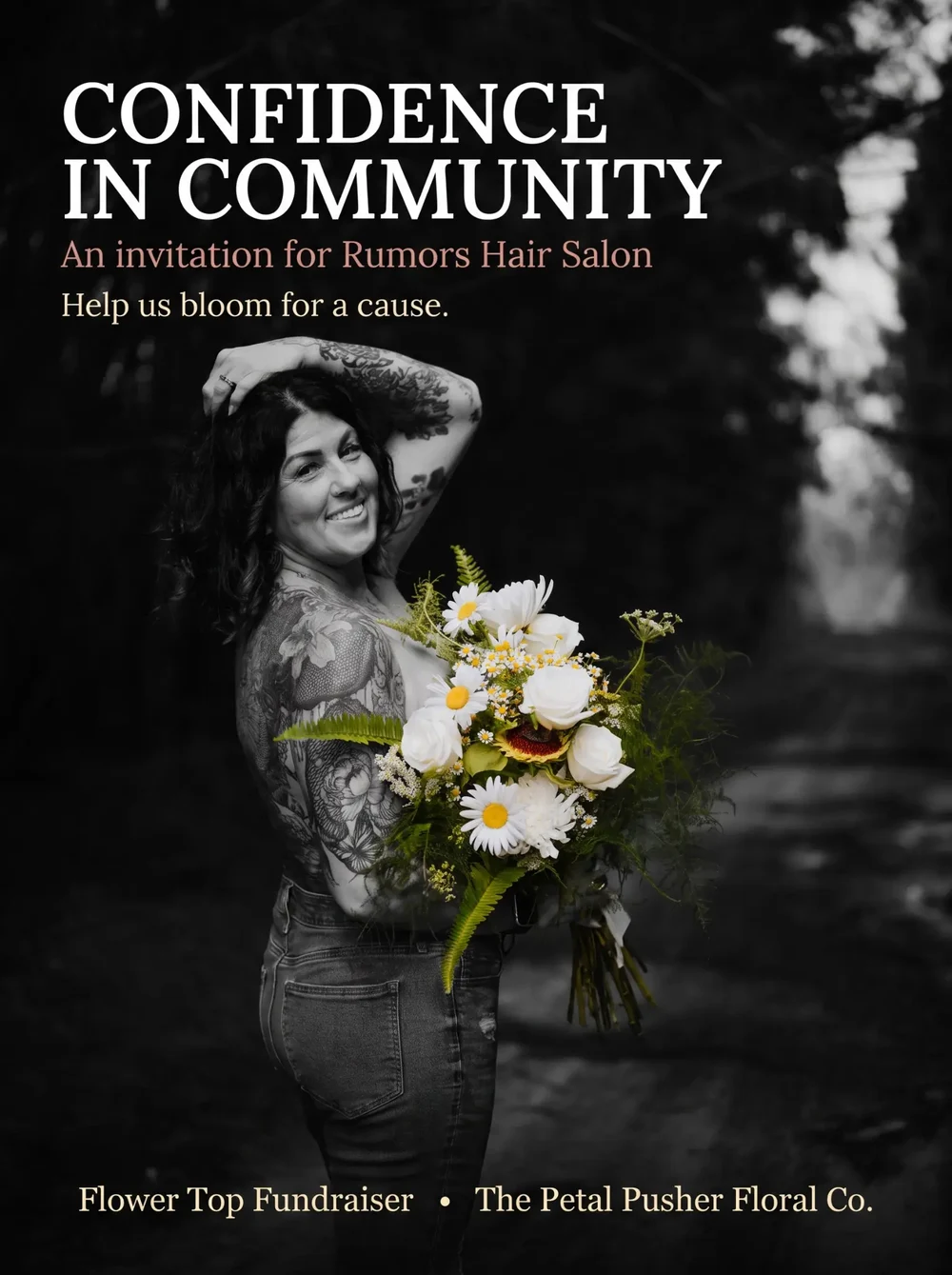 Confidence in Community invitation design addressed to Rumors Hair Salon for The Petal Pusher Co.’s outreach.